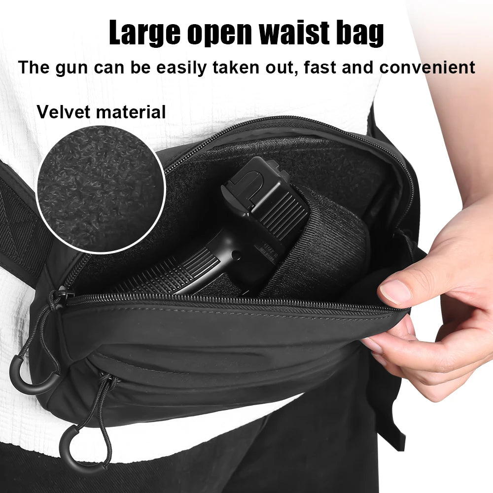 A hand is opening a black tactical concealed carry fanny pack to show a gun inside.