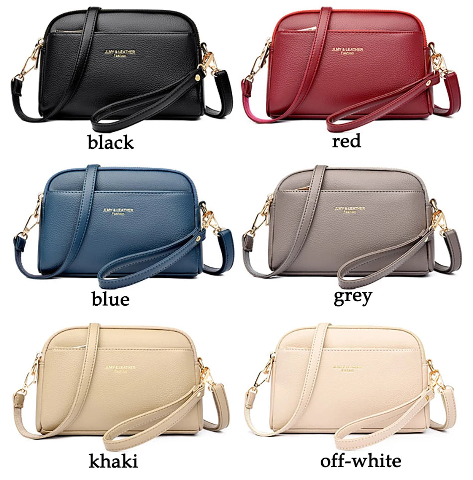 A collection of PU leather trendy shoulder crossbody bags in black, red, blue, grey, khaki, and off-white.