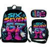A black backpack featuring a vibrant six seven graphic and a separate six seven pouch.