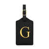 Black PU leather luggage tag with a gold initial G and a metal loop for attachment.