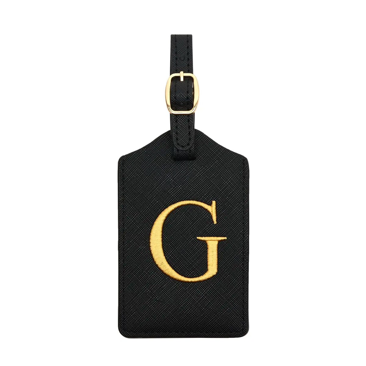Black PU leather luggage tag with a gold initial G and a metal loop for attachment.