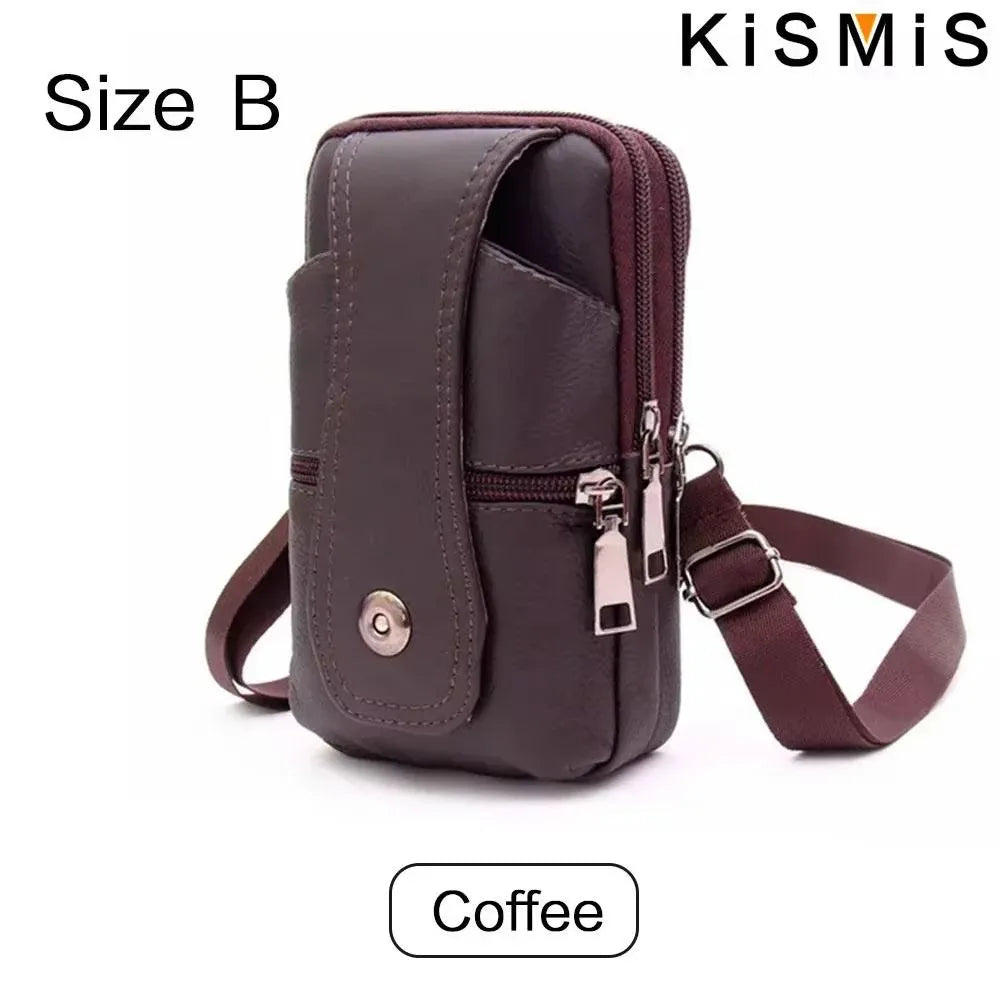 A dark brown leather waist bag with a zipper and belt clip is shown in Size B, color Coffee.