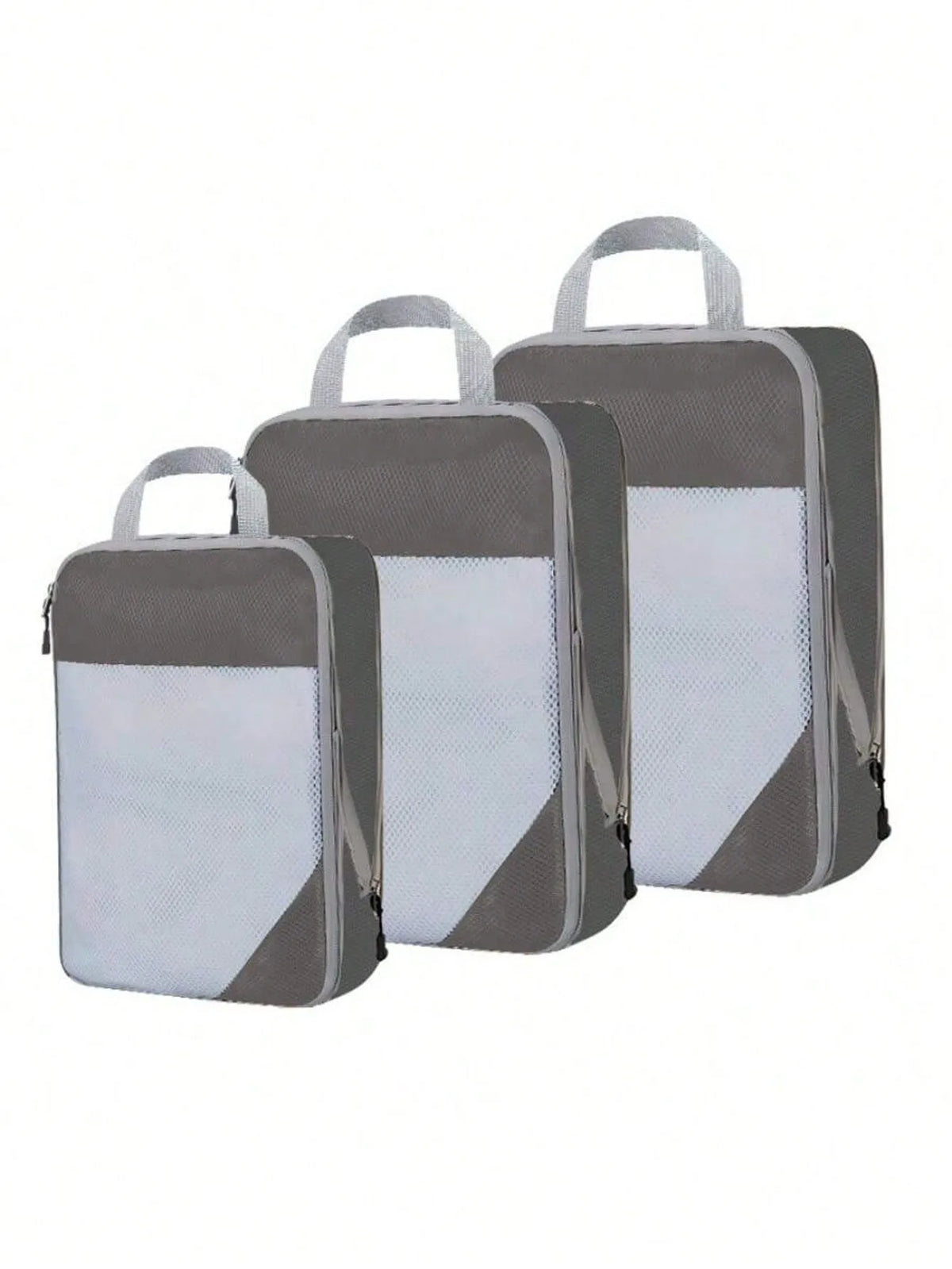 A set of three gray and white fabric storage organizers with handles.