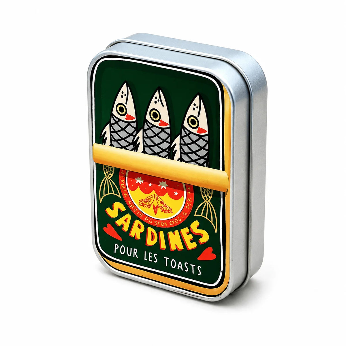 A silver metal box with a green and yellow design featuring three stylized fish heads on a wooden stick.