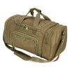A olive green travel duffel bag with padded straps and zippered compartments.