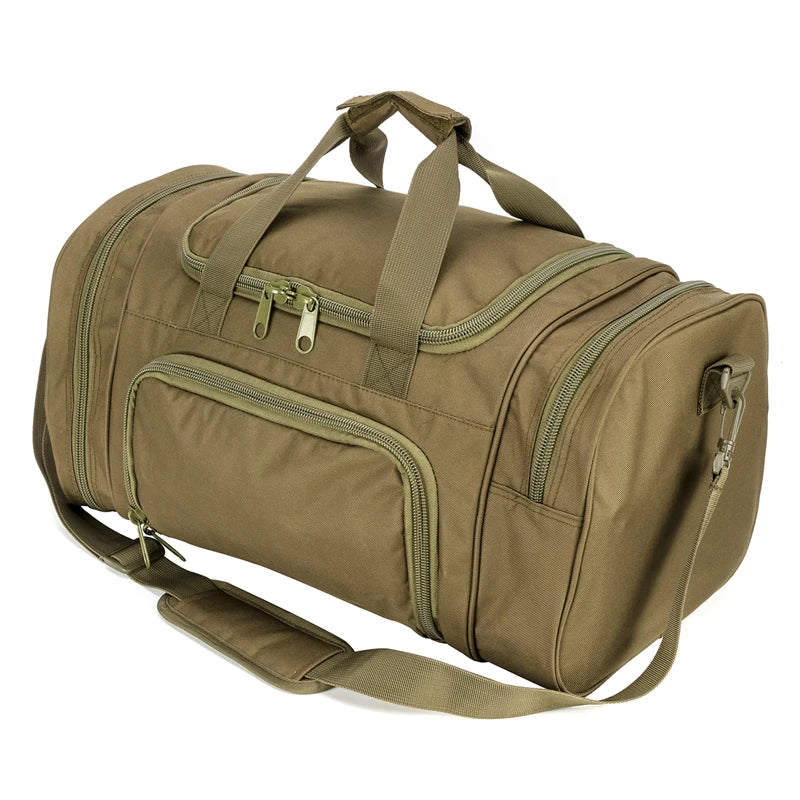 A olive green travel duffel bag with padded straps and zippered compartments.