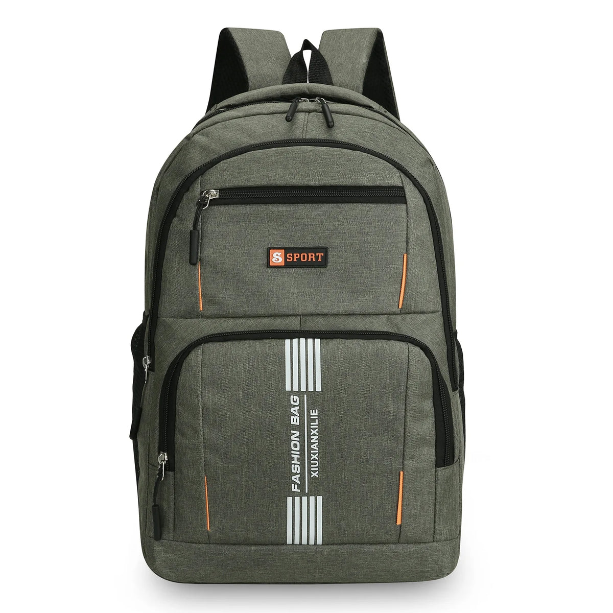 A dark olive green men's lightweight commuter backpack with black and orange accents.