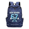 Dunkelblaue Anime-Stil-Rucksack mit Cartoon-Charakterdesign.