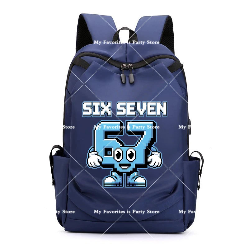 Dunkelblaue Anime-Stil-Rucksack mit Cartoon-Charakterdesign.