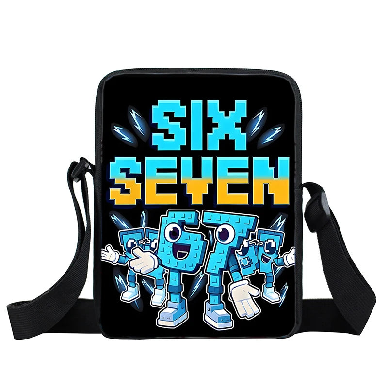 A black pouch featuring the text SIX SEVEN in bright blue and orange lettering.