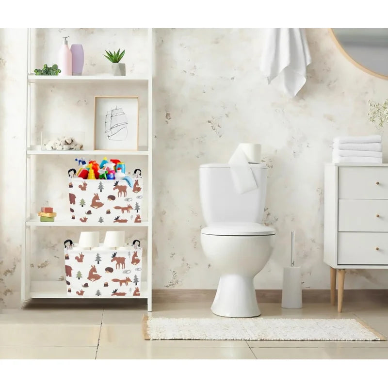 A white toilet with a tissue dispenser and surrounding storage shelves displaying various items.
