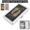 A silver card and cash case featuring a gold leopard design on a black background.