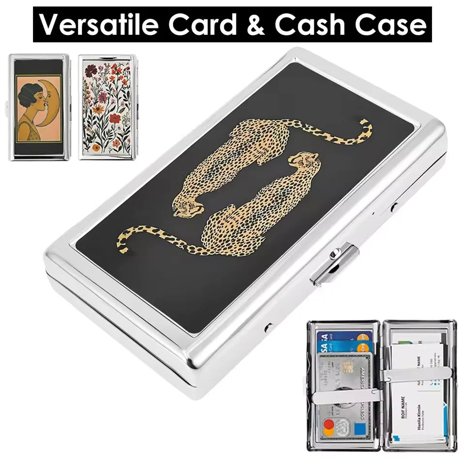A silver card and cash case featuring a gold leopard design on a black background.