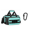 A teal and black multi-pocket tool bag with a reinforced base and a black carabiner clip.