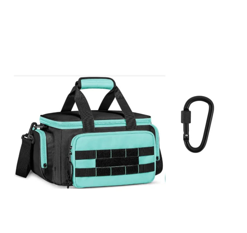 A teal and black multi-pocket tool bag with a reinforced base and a black carabiner clip.