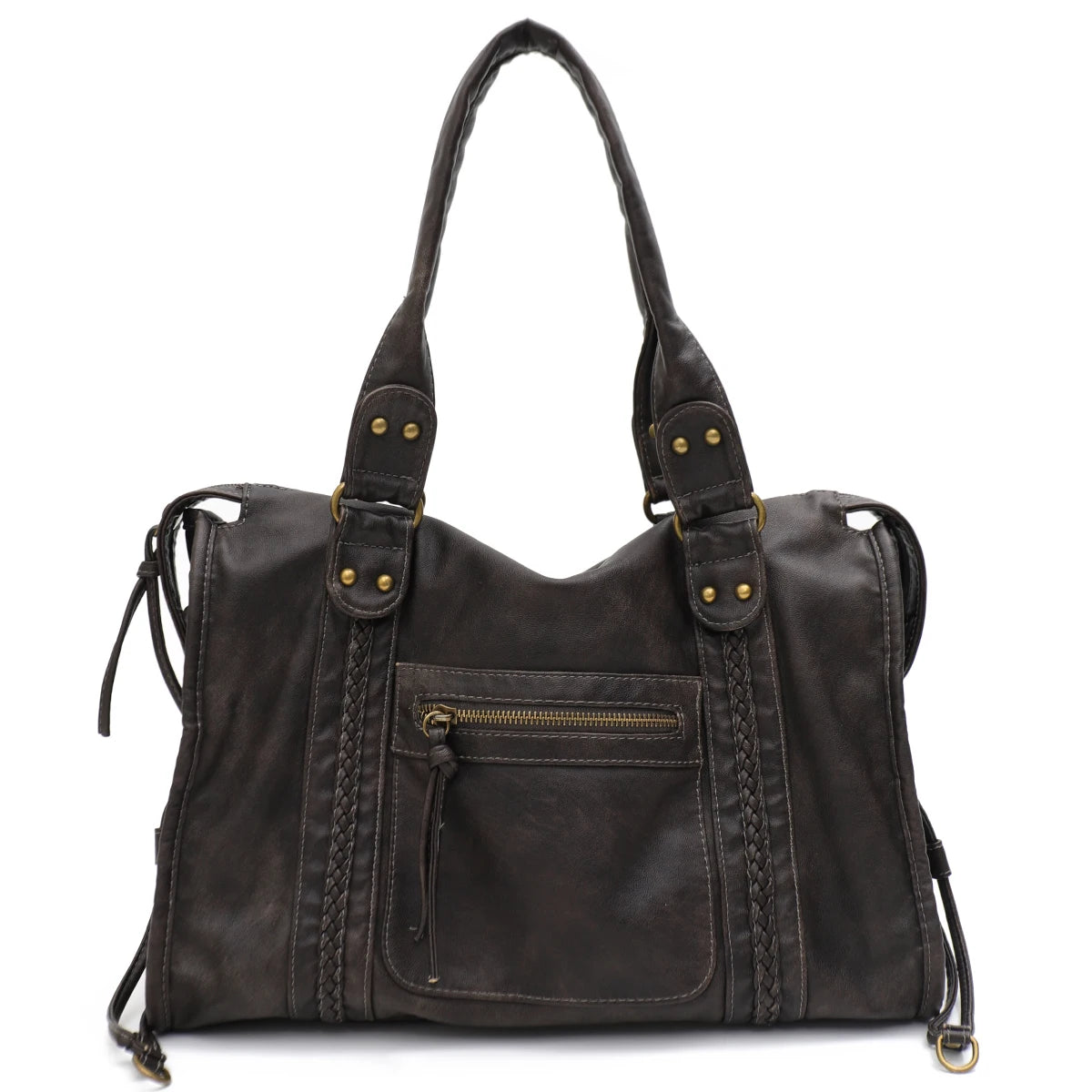 Dunkelbraune Vintage-PU-Leder-Tasche mit mehreren Reißverschlusstaschen.