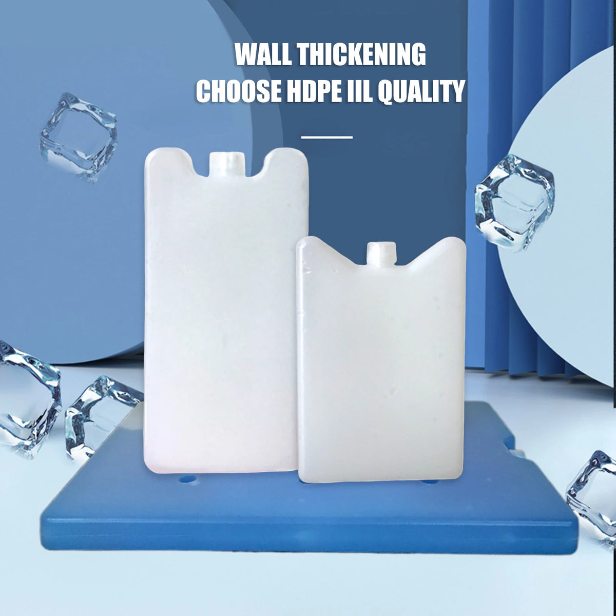 Two white reusable ice packs on a blue tray with ice cubes, promoting wall thickening HDPE III quality.
