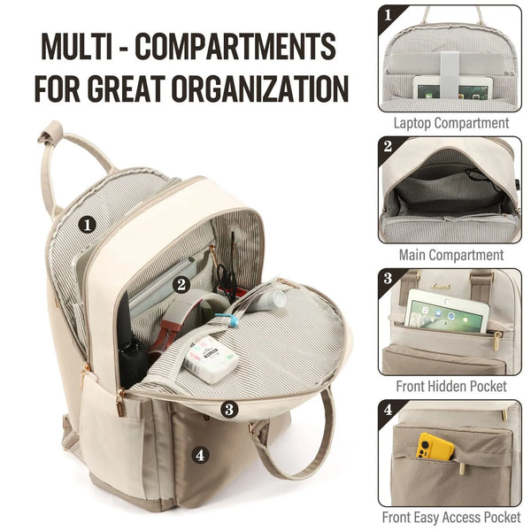 A beige nylon waterproof travel backpack showing multiple compartments for organization.