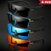 A set of four square sport sunglasses in black, blue, and orange colors displayed against a dark background.