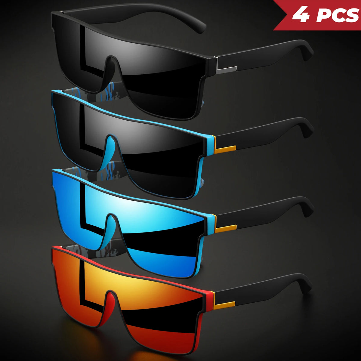 A set of four square sport sunglasses in black, blue, and orange colors displayed against a dark background.