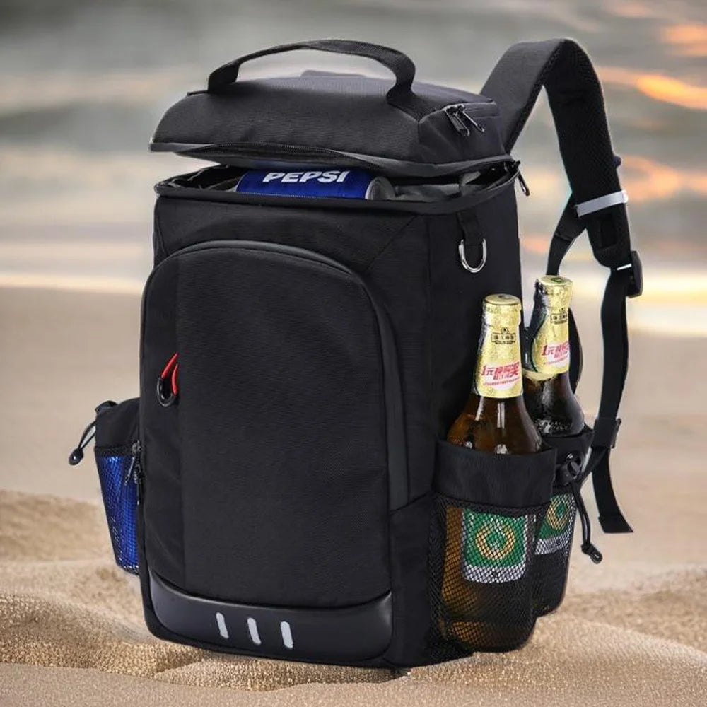 A black insulated backpack filled with glass bottles, including Pepsi and beer bottles, resting on sand.