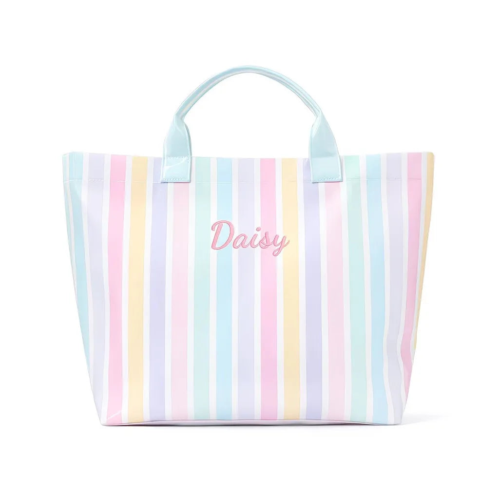 A light pink and blue striped waterproof PVC shoulder tote bag with a handle.