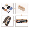 A felt insert bag organizer for handbags showing various accessories and a padded storage case.