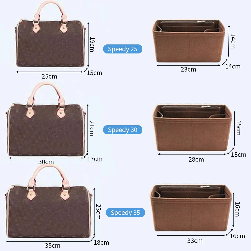 Three felt purse organizer inserts for Speedy 25, 30, and 35 showing different sizes.