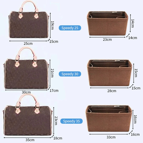 Three felt purse organizer inserts for Speedy 25, 30, and 35 showing different sizes.