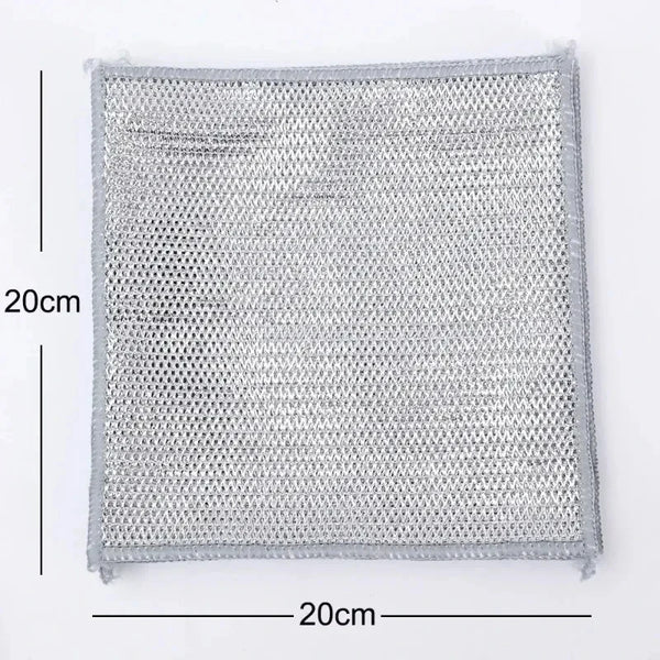 A rectangular pack of 20 reusable gray metal mesh dish cloths with measurements shown.
