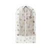 Clear garment dust cover for hangers, transparent plastic sleeve with floral pattern.