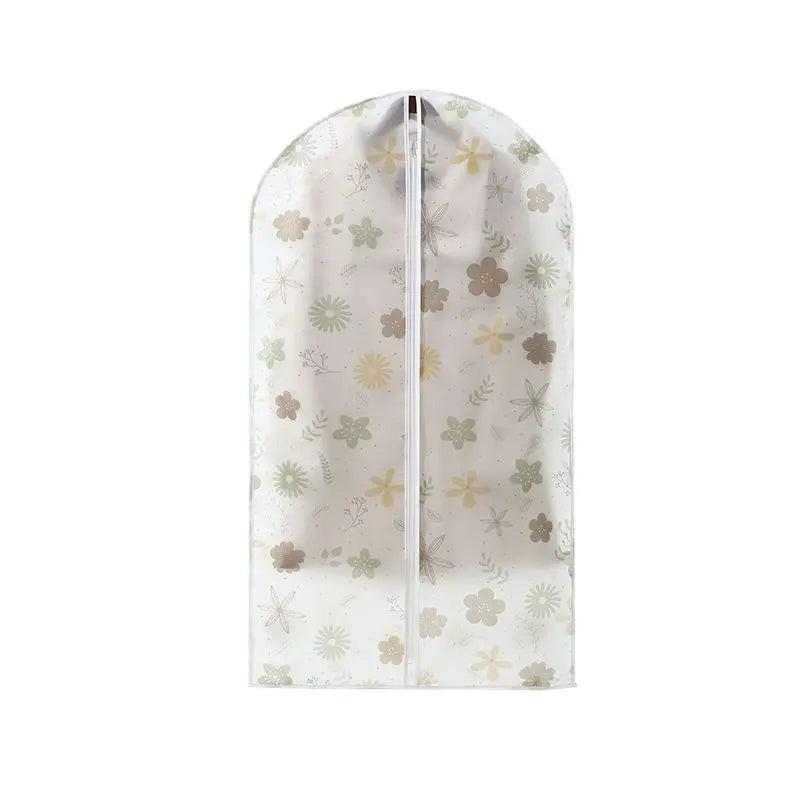 Clear garment dust cover for hangers, transparent plastic sleeve with floral pattern.