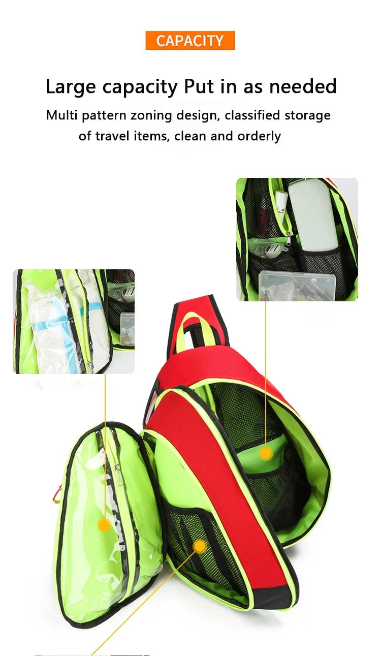 Red and lime green medical crossbody bag designed for storage of travel items and first aid essentials
