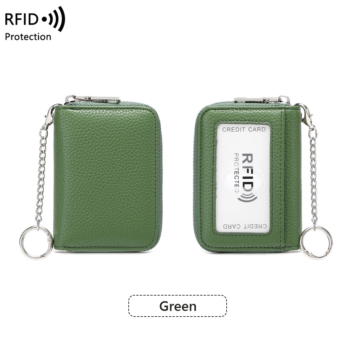 A green RFID protection accordion wallet with a card slot and chain.
