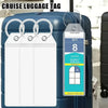 A blank cruise luggage tag is displayed attached to a blue rolling suitcase with a steel ring.