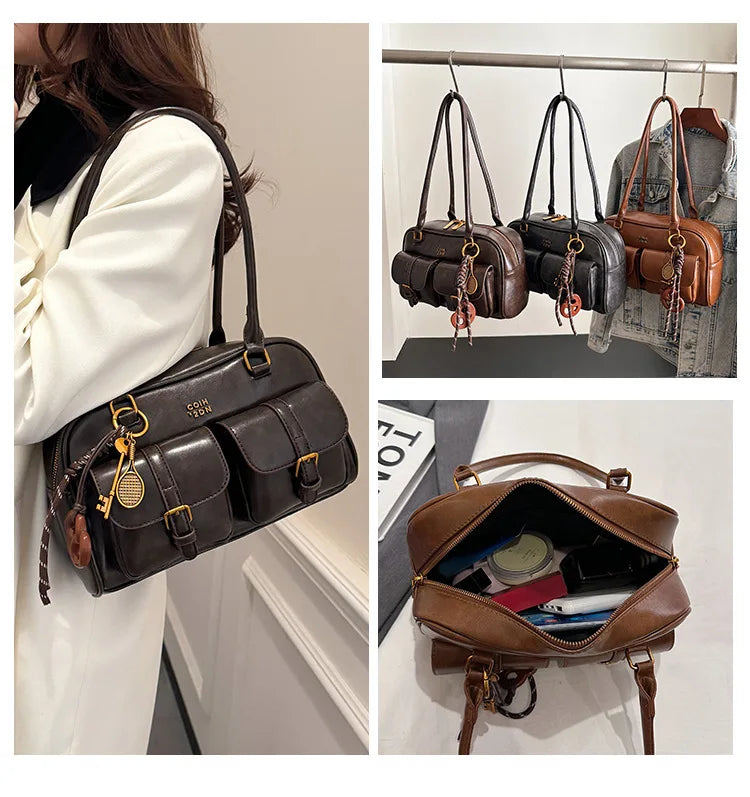 Bolso de cuero PU marrón retro, mostrado en varios estilos como bandolera y con asa superior.