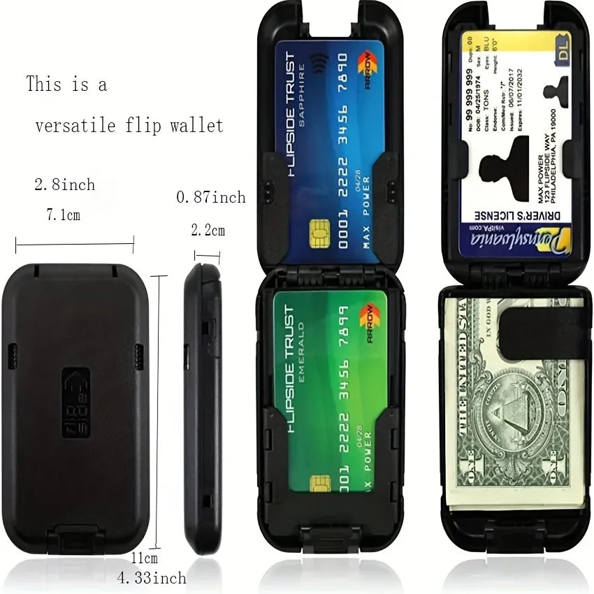 A versatile flip wallet with a black case and an anti-RFID blocking metal ID card inside.