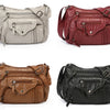 Three luxury leather tote bags in beige, burgundy, and brown shades shown from the front.