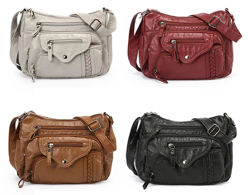 Three luxury leather tote bags in beige, burgundy, and brown shades shown from the front.