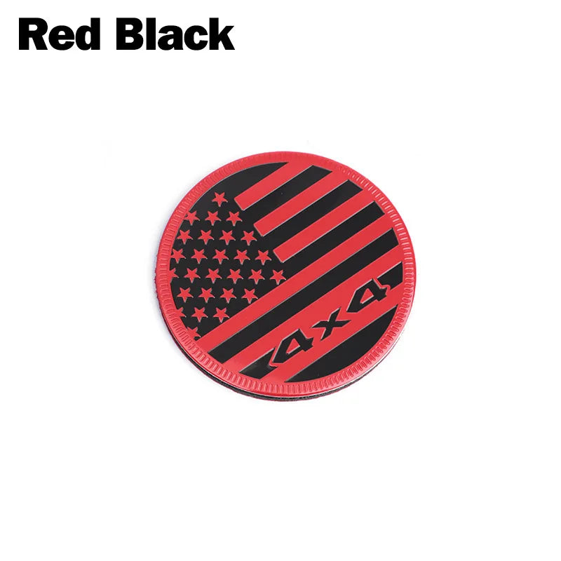 A round black and red car decal featuring the American flag design with the text 4x4.