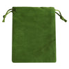 Bolsa de regalo de terciopelo verde oliva oscuro con cordones de tela verde.