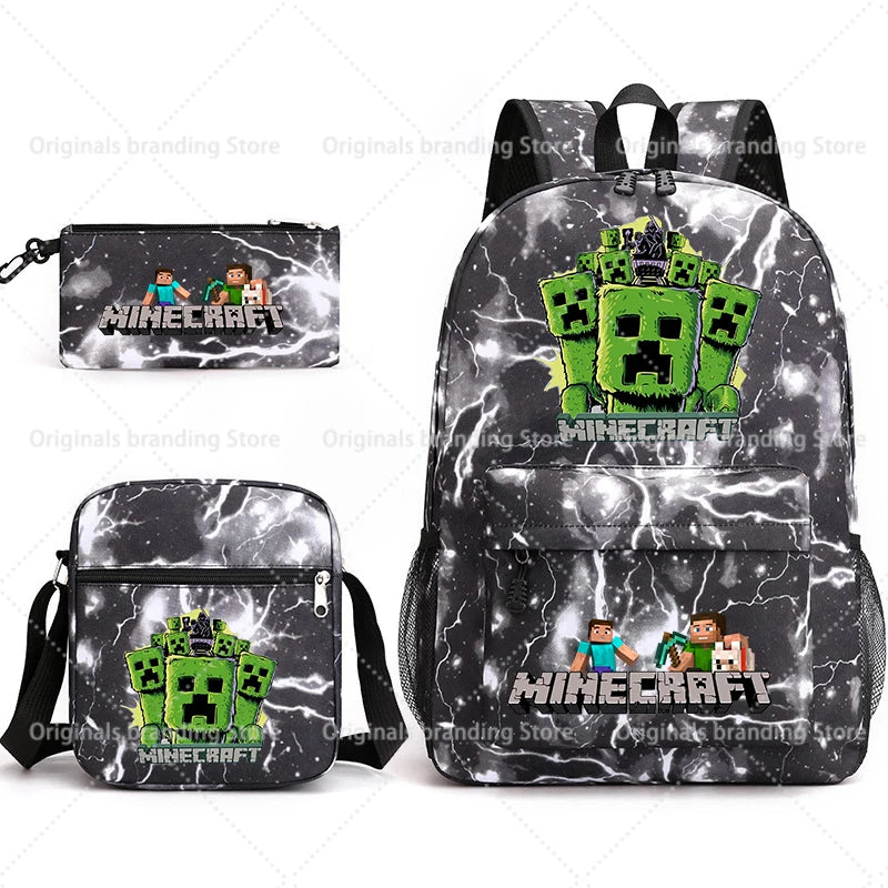 A black backpack featuring Minecraft themed graphics and a matching pouch.