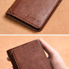A brown luxury PU leather men's wallet is shown folded on a tan background.