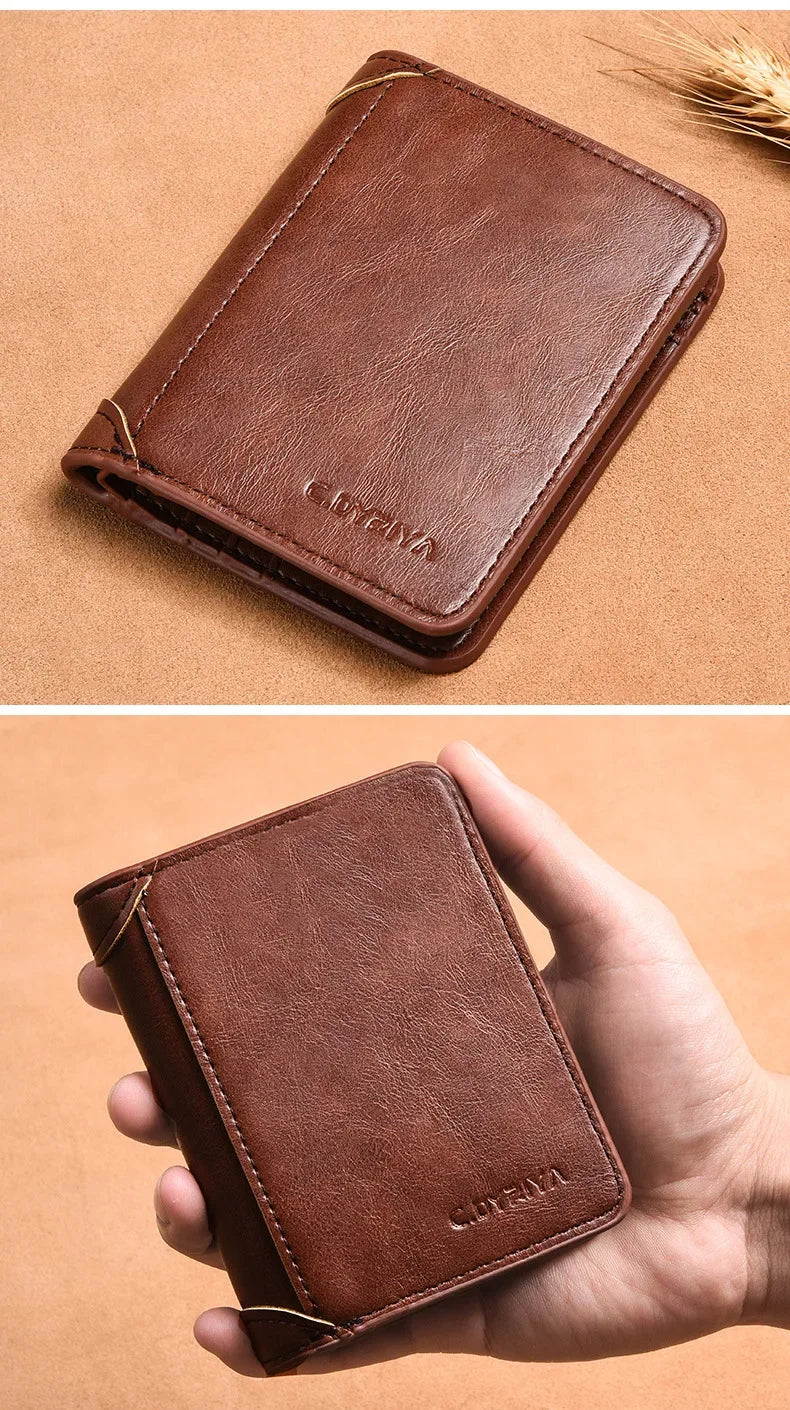 A brown luxury PU leather men's wallet is shown folded on a tan background.
