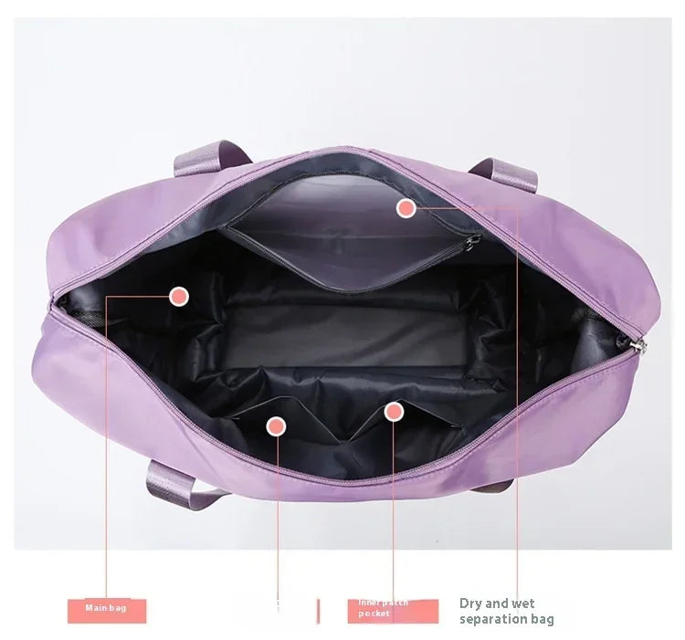 Pochette de voyage multi-usage violette extensible, ouverte, montrant ses fonctionnalités d'organisation interne.