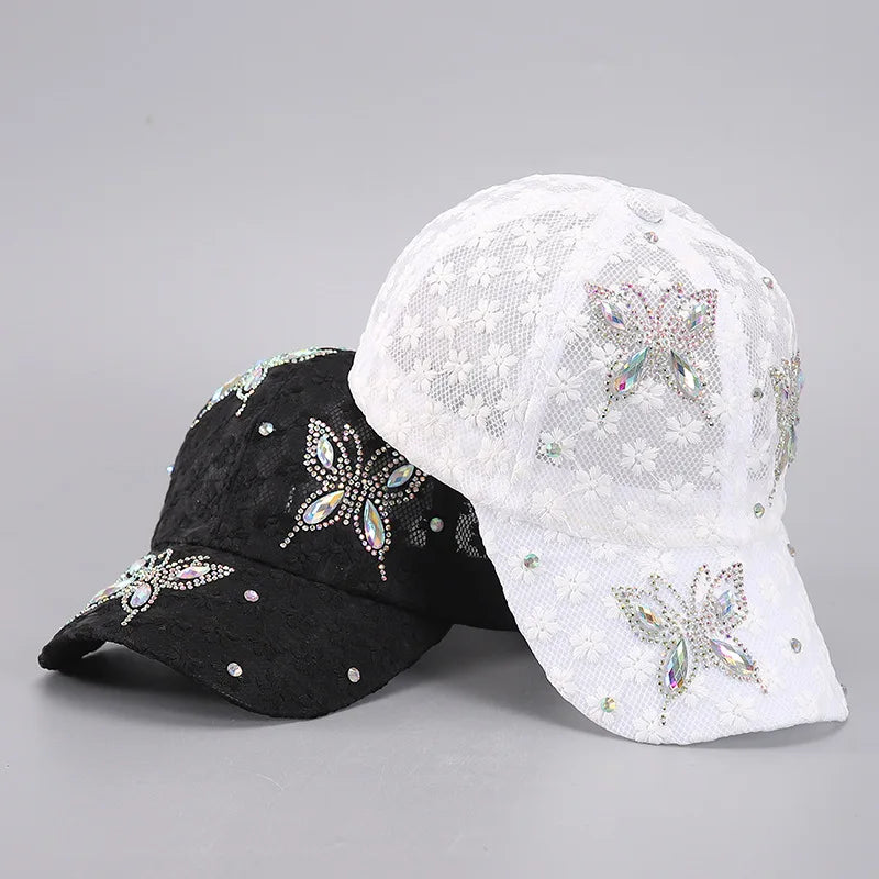 White mesh snapback baseball cap decorated with silver floral embellishments