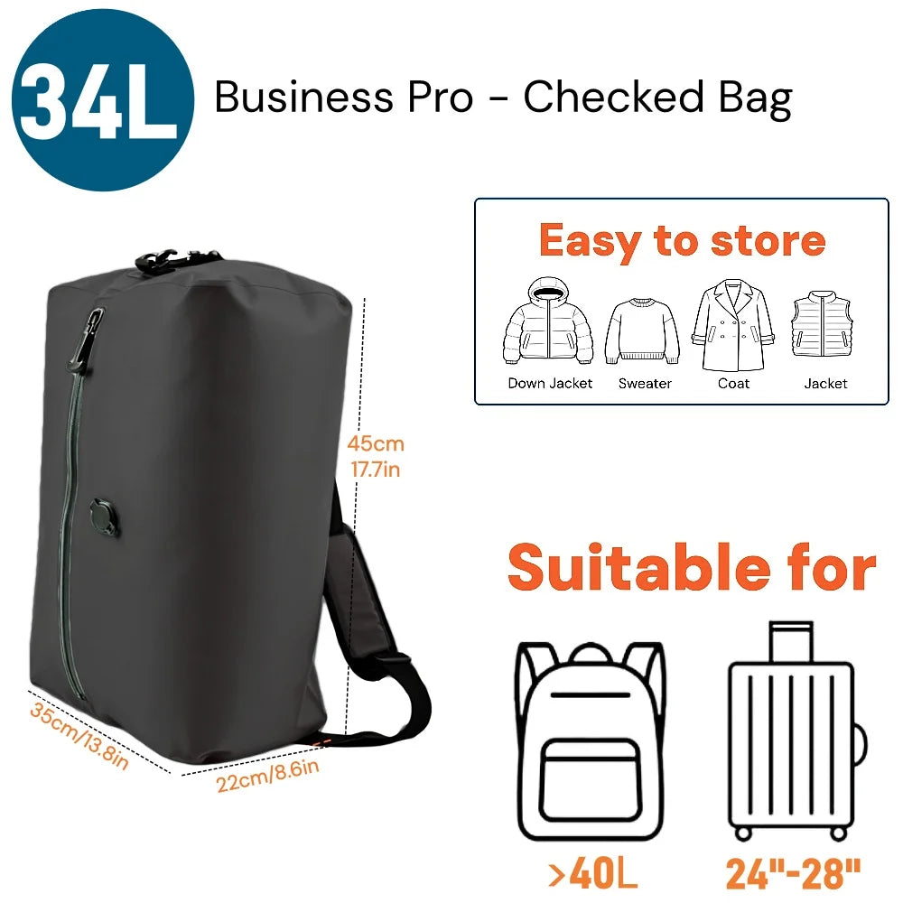 A dark gray 34L Business Pro checked bag with a black strap shown next to various items it can store.