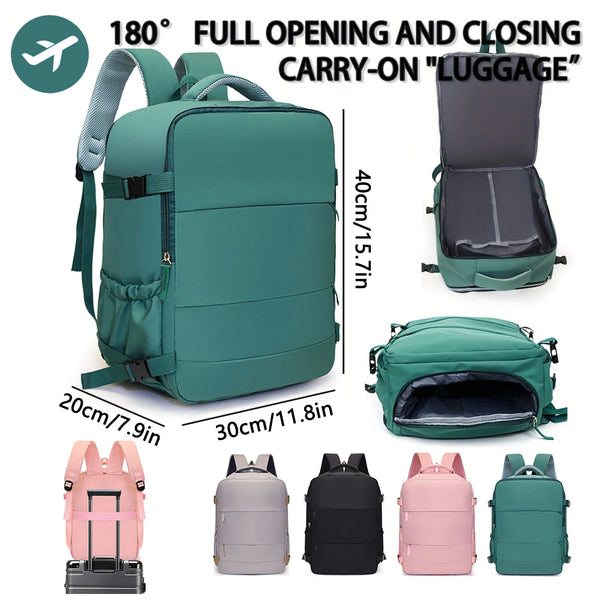 A collection of travel boarding carry-on luggage including a teal backpack and various colored versions.