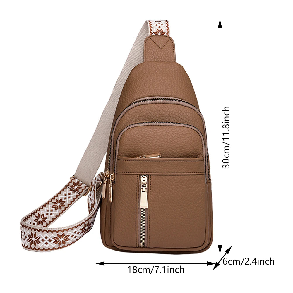 A brown PU leather crossbody chest bag with a patterned strap and zipper details.