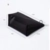 Black portable mesh cosmetic storage pouch shown from the side with dimensions.